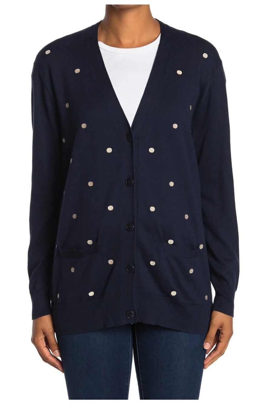 J.Crew Small Cardigan Polka Dot Navy Blue Cotton Rack Boyfriend Knit V-Neck